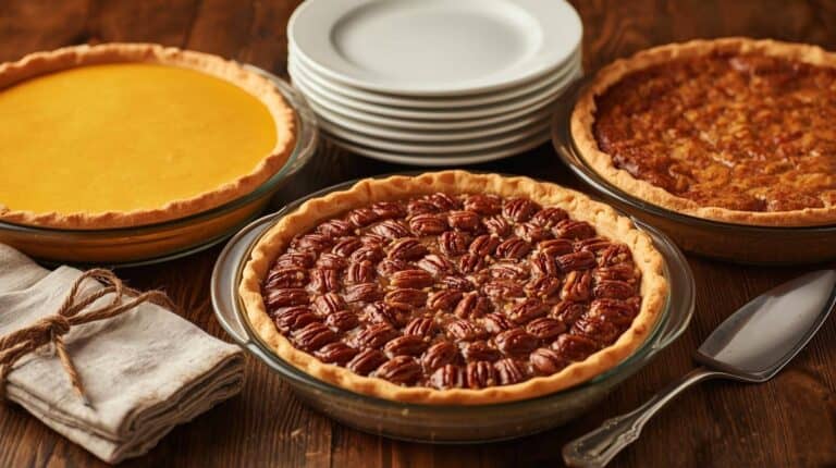 A dessert table lined with chess pie, pecan pie, and apple pie in Pyrex pie plates.