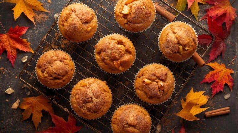 Pumpkin and apple muffins cooling on a rack with cinnamon sticks and autumn leaves scattered around.