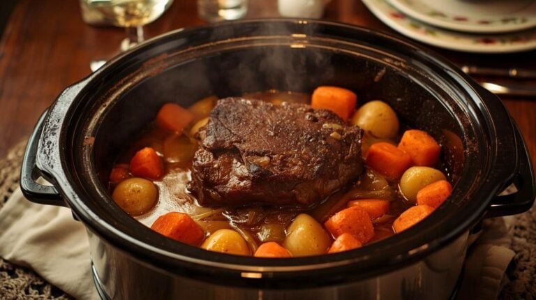 A slow cooker filled with hearty pot roast and vegetables, ready to serve at dinnertime.