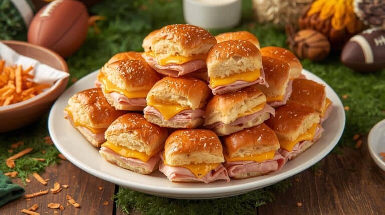 A tray of hot ham and cheese sliders brushed with melted butter on a football-themed table.