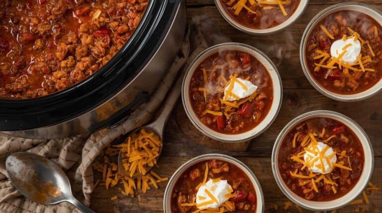A table with a slow cooker, ladle, and bowls of steaming chili garnished with cheese and sour cream.