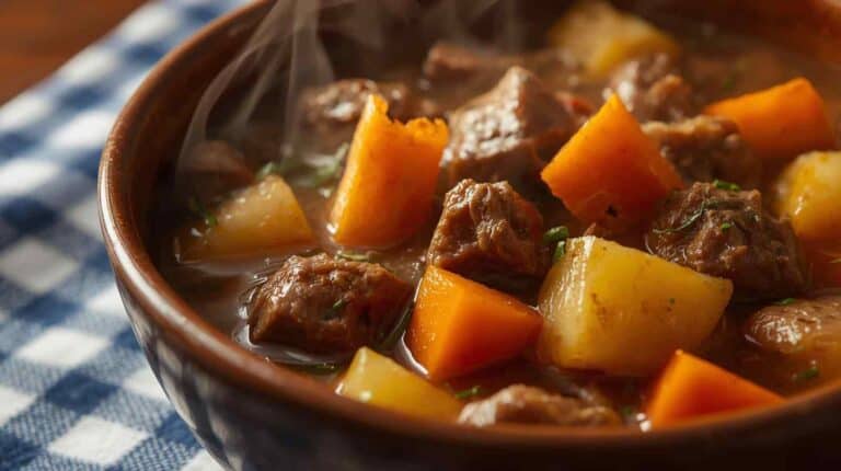 a steaming bowl of beef stew on a checked tablecloth