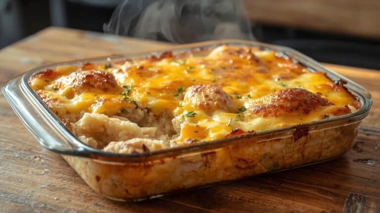 A bubbling chicken and rice casserole on a kitchen counter ready to serve.