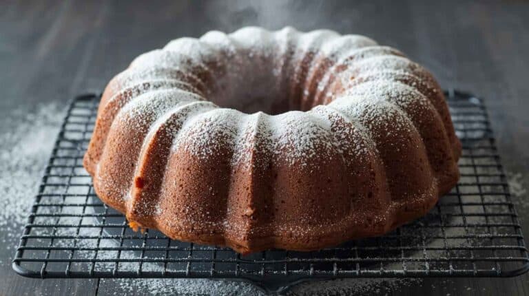 A bundt cake dusted with powdered sugar cooling on a wire rack, steam still rising.