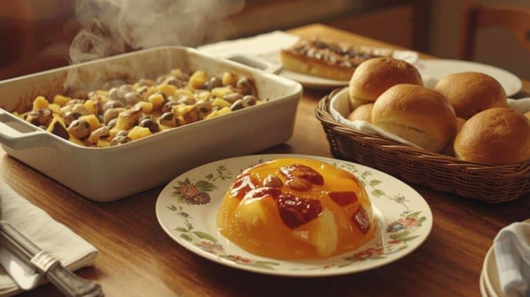 A vintage 1970s kitchen table with casserole, gelatin salad, and rolls on floral plates.