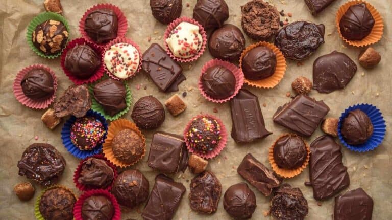 Homemade candy bars and truffles arranged on parchment paper with colorful wrappers.