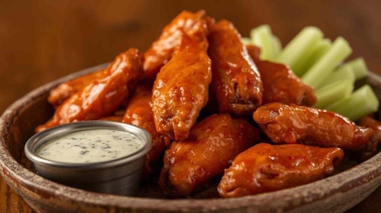 A pile of saucy Buffalo wings on a platter with celery sticks and blue cheese dressing.
