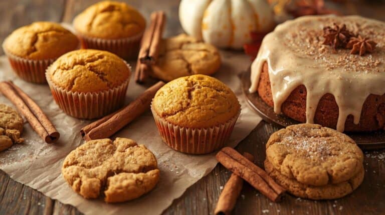 A variety of pumpkin spice desserts — muffins, cookies, and cake — with cinnamon sticks.