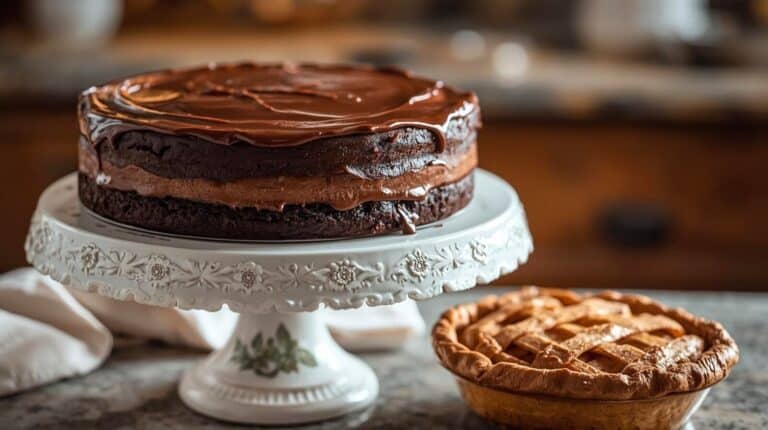 A vintage cake stand with a frosted chocolate cake beside a lattice-topped pie.