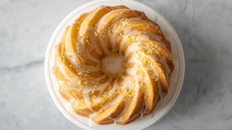 A lemon Bundt cake drizzled with icing and topped with zest on a marble surface.
