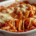 A bubbling baked ziti in a white casserole dish with cheese stretching from the serving spoon.