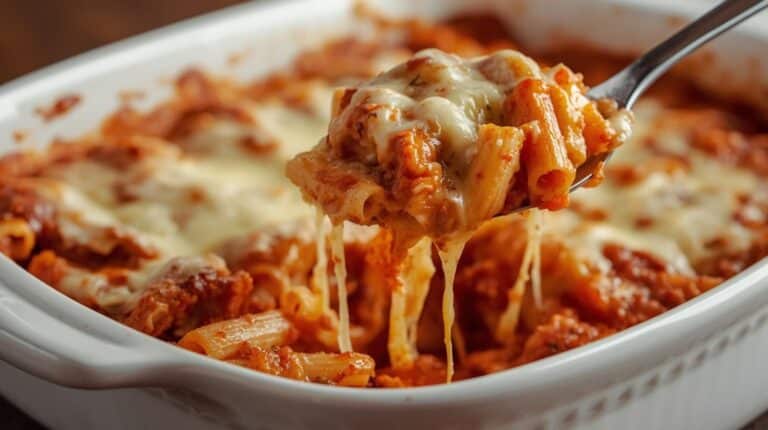 A bubbling baked ziti in a white casserole dish with cheese stretching from the serving spoon.