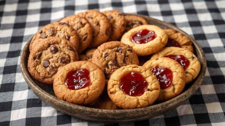 A plate of classic cookies — oatmeal raisin, chocolate chip, and thumbprints — on a checkered cloth.