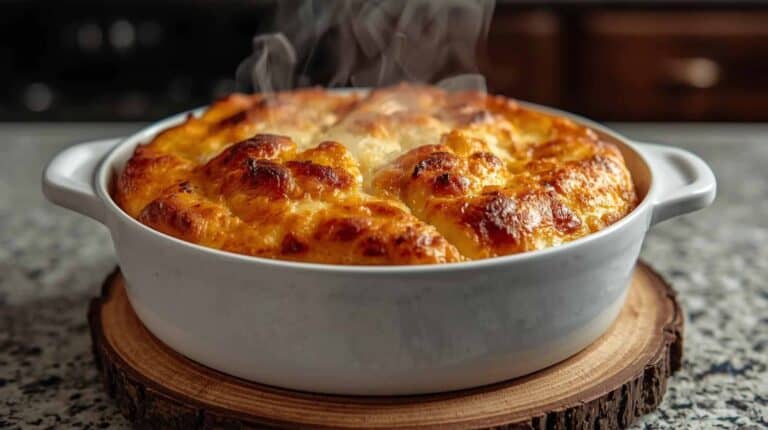 A close-up, eye-level shot of a golden-brown, bubbling casserole, freshly baked and emitting wisps of steam, as it sits invitingly on a rustic wooden trivet on a kitchen counter.