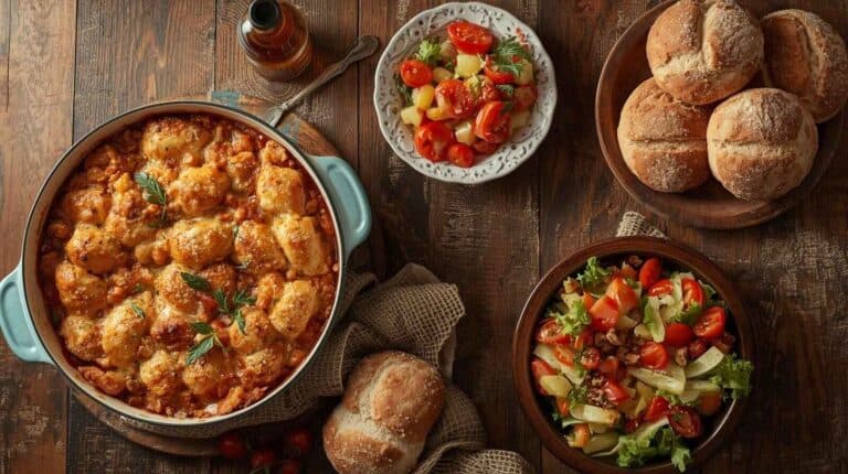 A family-style spread of casserole, salad, and bread rolls being served on a farmhouse table.