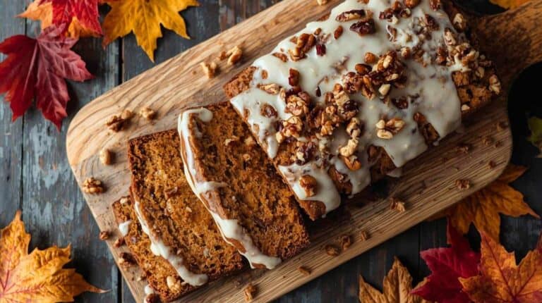 A sliced pumpkin loaf with glaze and walnuts on a cutting board with autumn leaves.