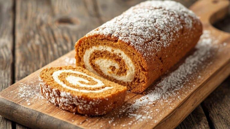A pumpkin roll dusted with powdered sugar on a wooden cutting board.
