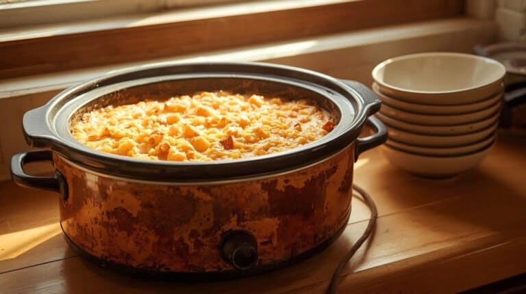 A slow cooker filled with cheesy casserole beside a stack of soup bowls.