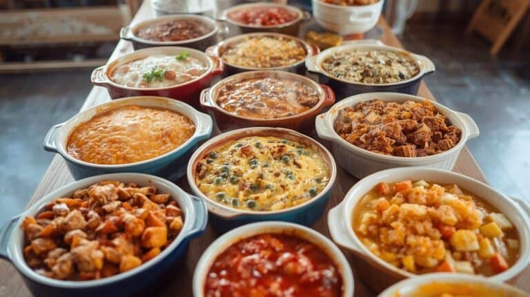 A potluck buffet table lined with bubbling casseroles in vintage Pyrex dishes.
