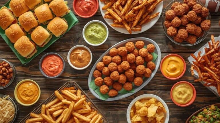 A table filled with sliders, fries, nuggets, and dipping sauces surrounded by football snacks.