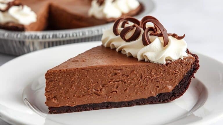 A perfectly sliced chocolate cream pie with whipped topping and chocolate curls.