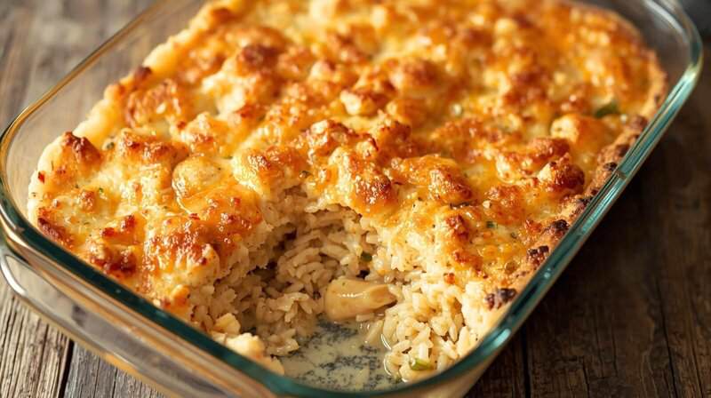 A bubbling chicken and rice casserole in a Pyrex dish with a creamy sauce and golden topping.