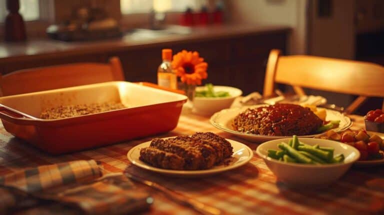A retro 1960s kitchen table set with a Pyrex casserole dish, meatloaf, and a green bean side dish.