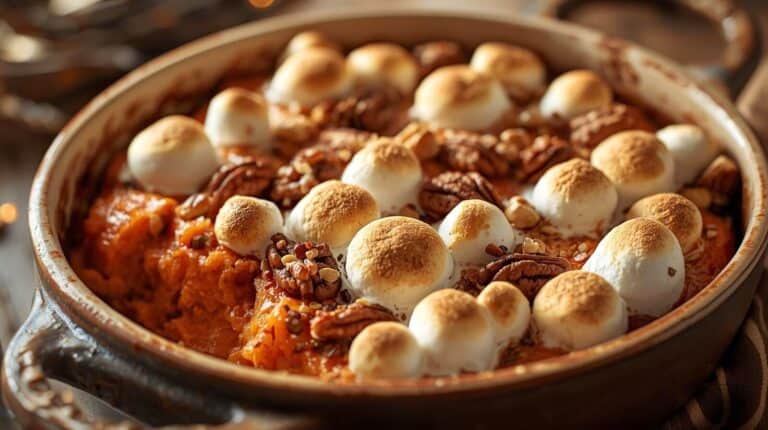 A casserole dish of sweet potato bake topped with toasted marshmallows and pecans, with warm lighting.