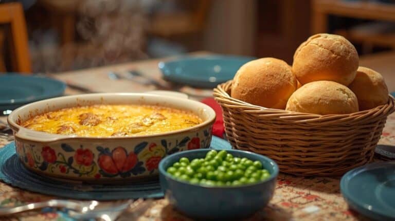 A 1960s-inspired dinner scene with a casserole, peas, and dinner rolls served family-style.