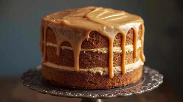 A tall caramel layer cake with frosting dripping slightly, set on a vintage cake stand.