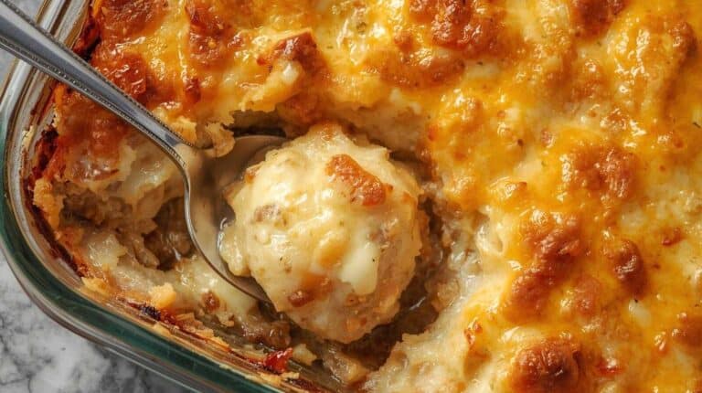 A bubbling cheesy potato bake in a glass casserole dish with a serving spoon.