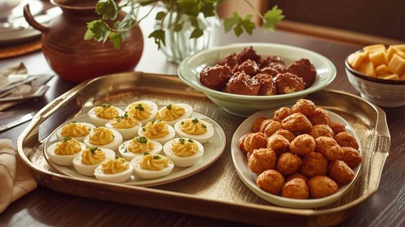 A vintage serving tray with deviled eggs, cheese balls, and cocktail meatballs in a midcentury party setting.