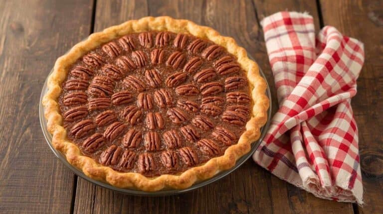 A pecan pie cooling on a farmhouse table beside a checkered napkin.