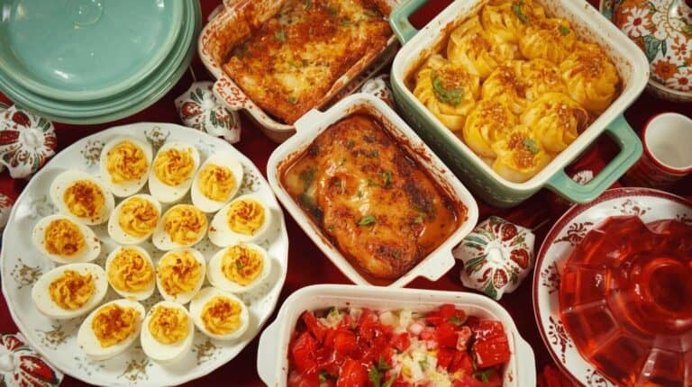 A retro 1960s potluck spread featuring casseroles, deviled eggs, and Jell-O salad on vintage Pyrex.