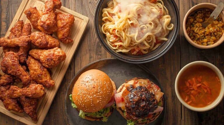Copycat fried chicken, pasta, burgers, and soups on a wooden table.