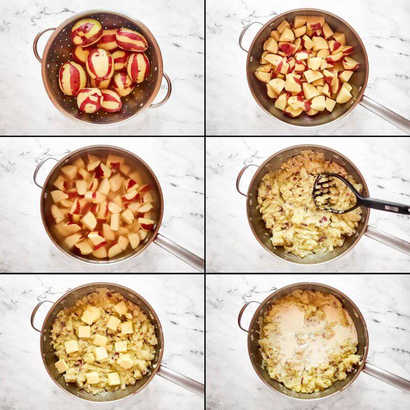 A 6-panel collage showing how to make mashed potatoes: peeling, boiling, mashing, and then adding butter and cream to the pot.