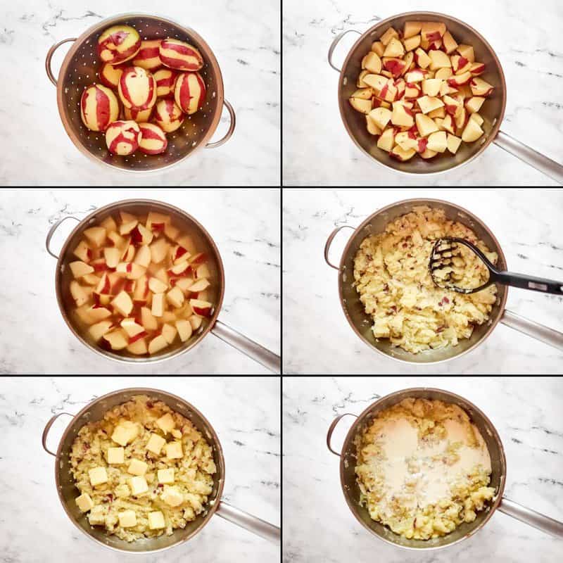 A collage shows making mashed potatoes: washing red potatoes, cubing them, boiling them, mashing, adding butter, and stirring in cream..