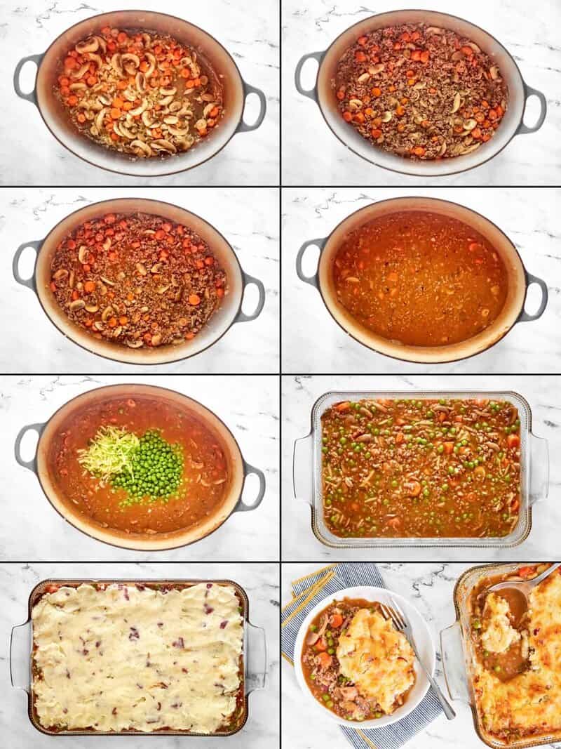 A collage shows making shepherd's pie filling by sautéing vegetables, browning beef, adding sauce and peas, then topping with mashed potatoes.