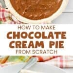 A whole homemade chocolate cream pie and a slice on a plate.