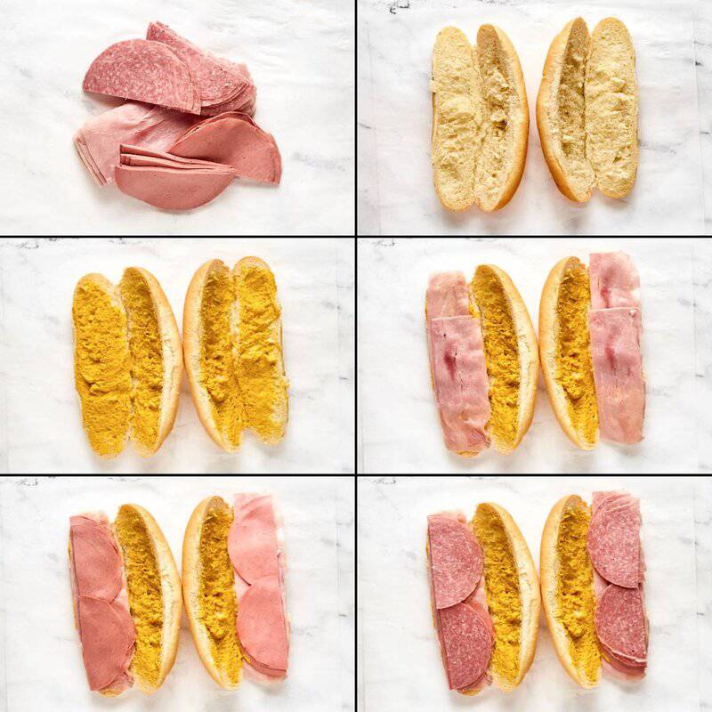 A 6-panel collage shows the first steps of assembling a sub: adding mustard, ham, bologna, and salami to a soft sub roll.