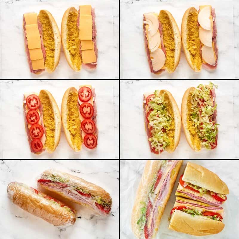 A 6-panel collage showing the final assembly steps: adding cheese, onions, tomatoes, and lettuce, then wrapping the sub tightly.