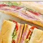 Homemade Kmart sub sandwich wrapped in plastic and one cut in half.
