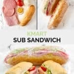 Copycat Kmart sub sandwich ingredients and sandwiches on parchment paper.