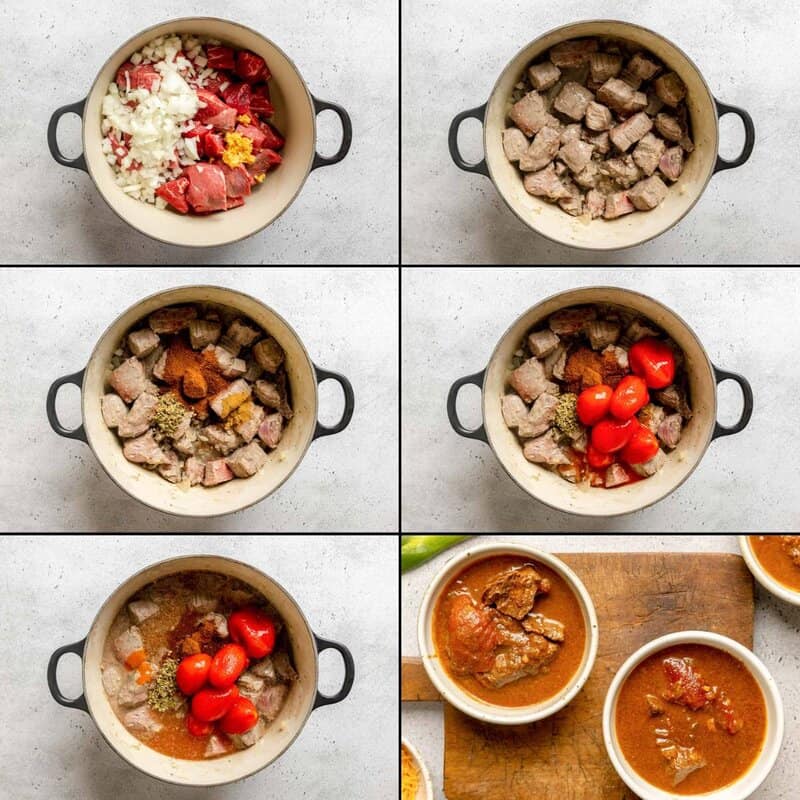 A 6-panel collage showing how to make chili: browning beef and onions, adding spices, adding tomatoes, simmering, and serving.