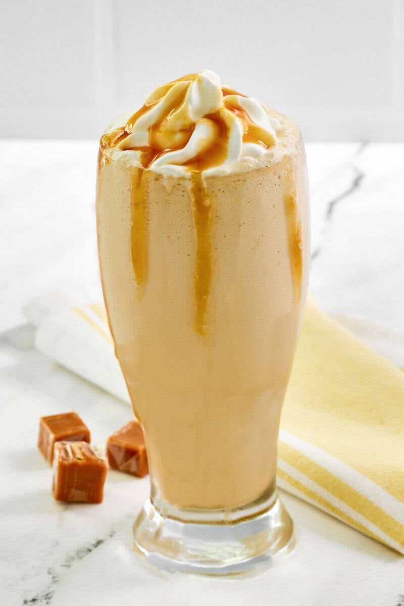 Copycat McDonald's caramel frappe on a marble surface.