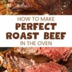 A whole roast beef and a slice on a wooden board.