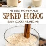 Homemade spiked eggnog in lowball glasses garnished with a cinnamon stick.