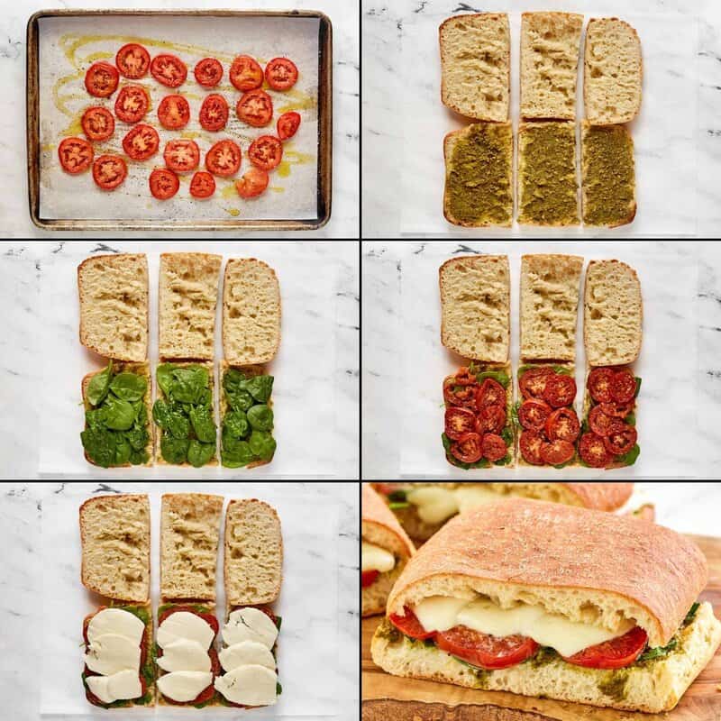 A 6-panel collage shows how to make the sandwich: roasting tomatoes, spreading pesto, and layering spinach, tomatoes, and mozzarella.