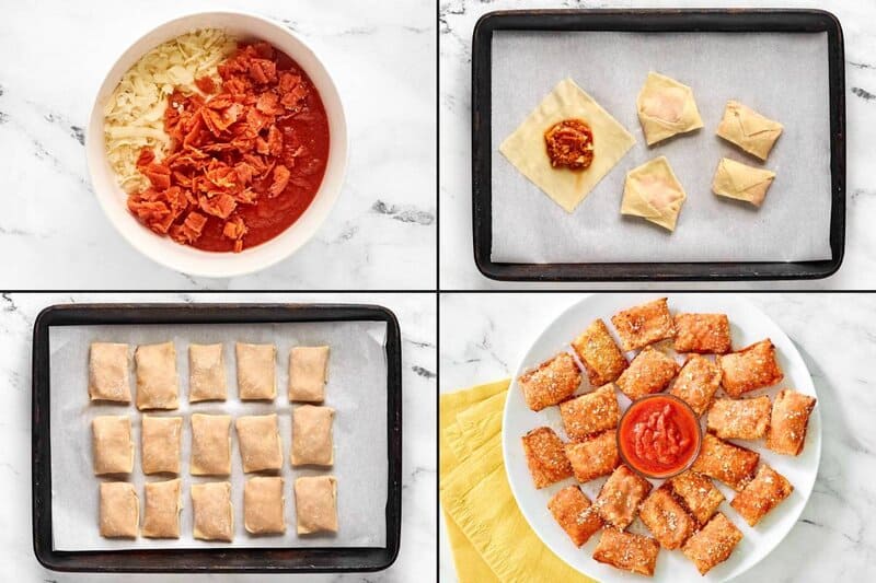A 4-panel collage showing how to make pizza rolls: mixing the filling, folding the wonton wrappers, and the final fried product.