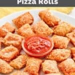 Homemade Totino's pepperoni pizza rolls scattered on a platter.